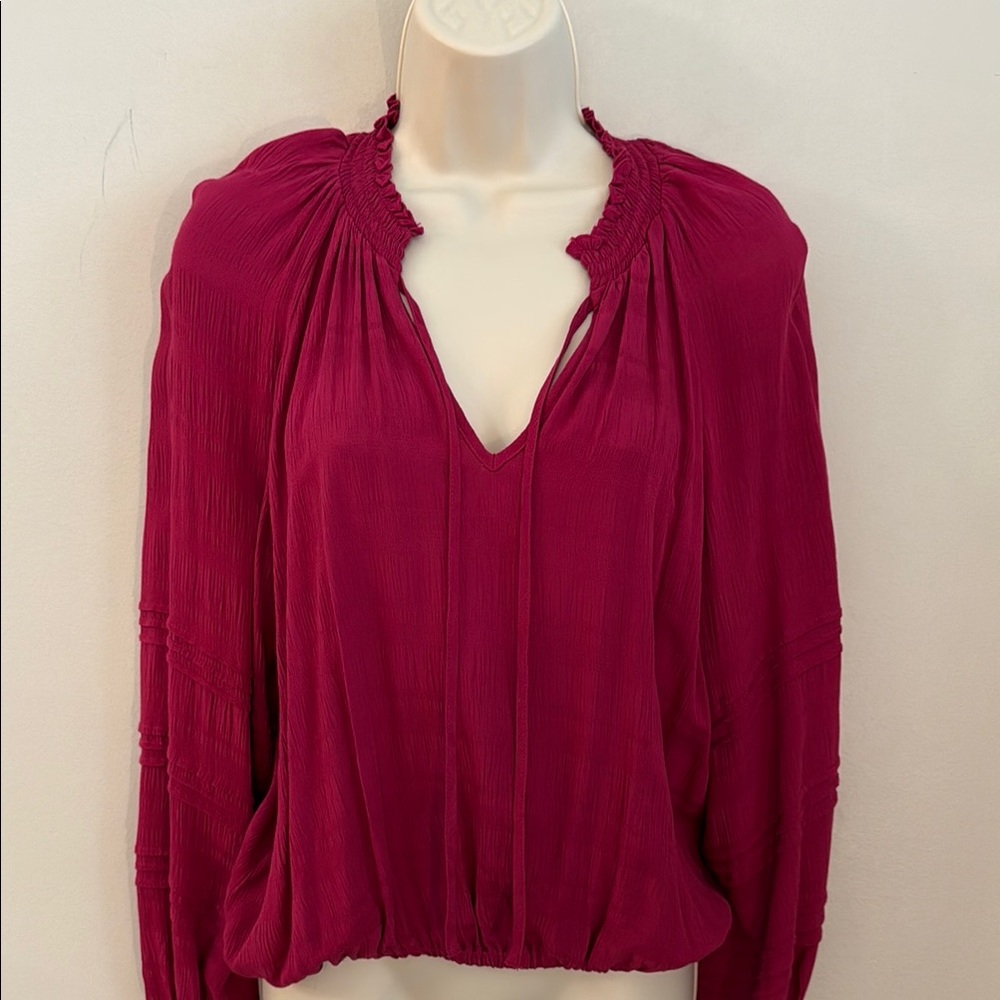Sanctuary Fuchsia Raspberry V-Neck Peasant Boho Blouse with elastic waist XS